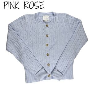Pink Rose Baby Blue Cardigan Sweater Cozy Knit Layering